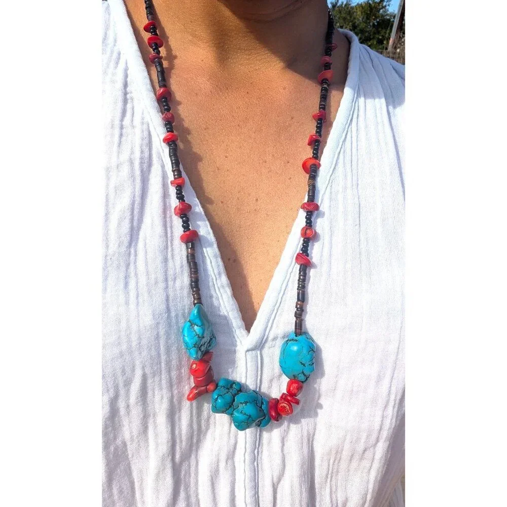 Vtg Turquoise & Red Coral Necklace Native American Style Silver Tone Handmade